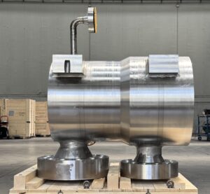 Un corpo pompa assemblato e finito a disegno in Super Duplex firmato Forge Fedriga